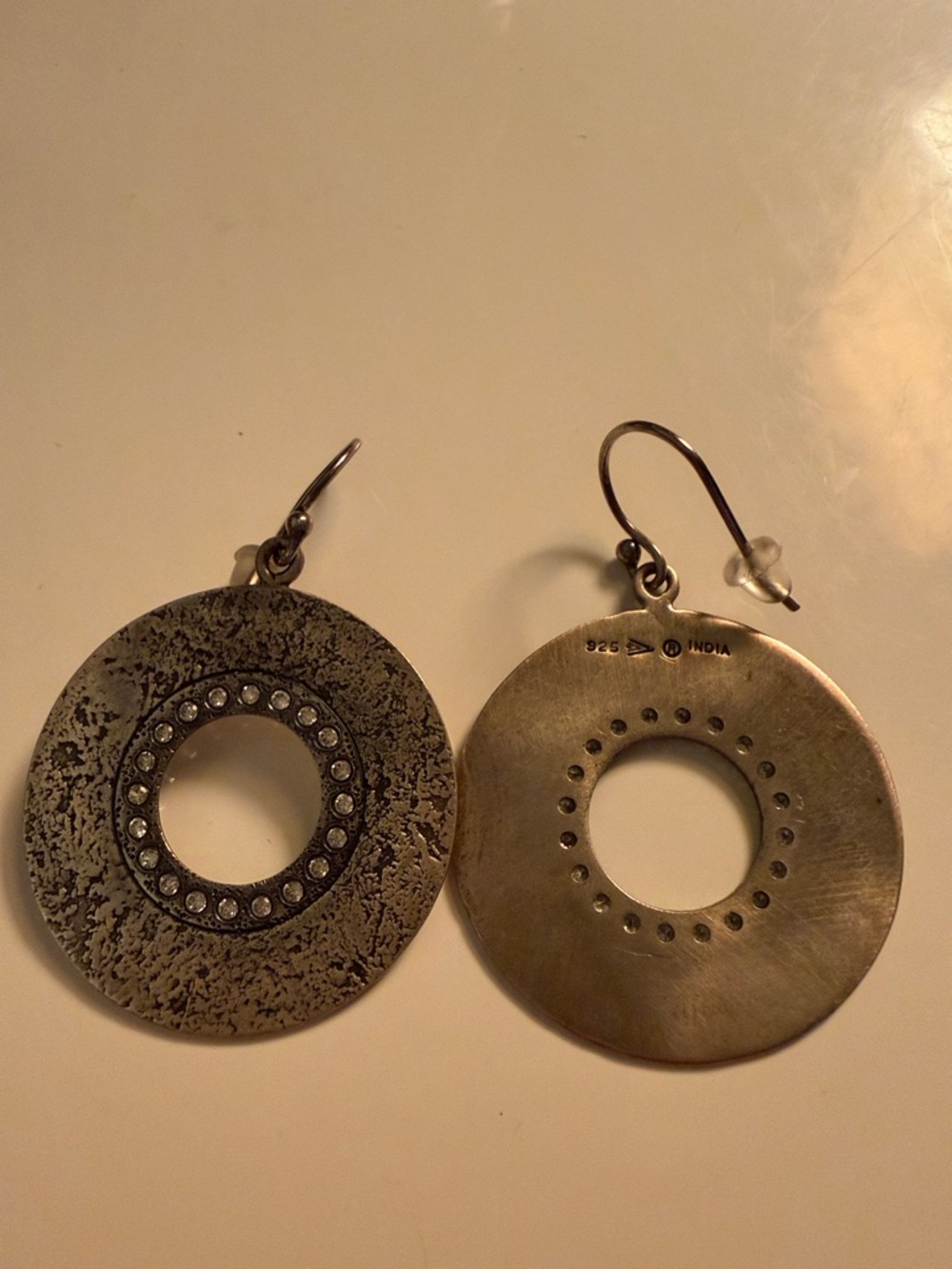 Silpada Sterling Silver Round Hoop Drop Earrings - Antique Finish with Crystal